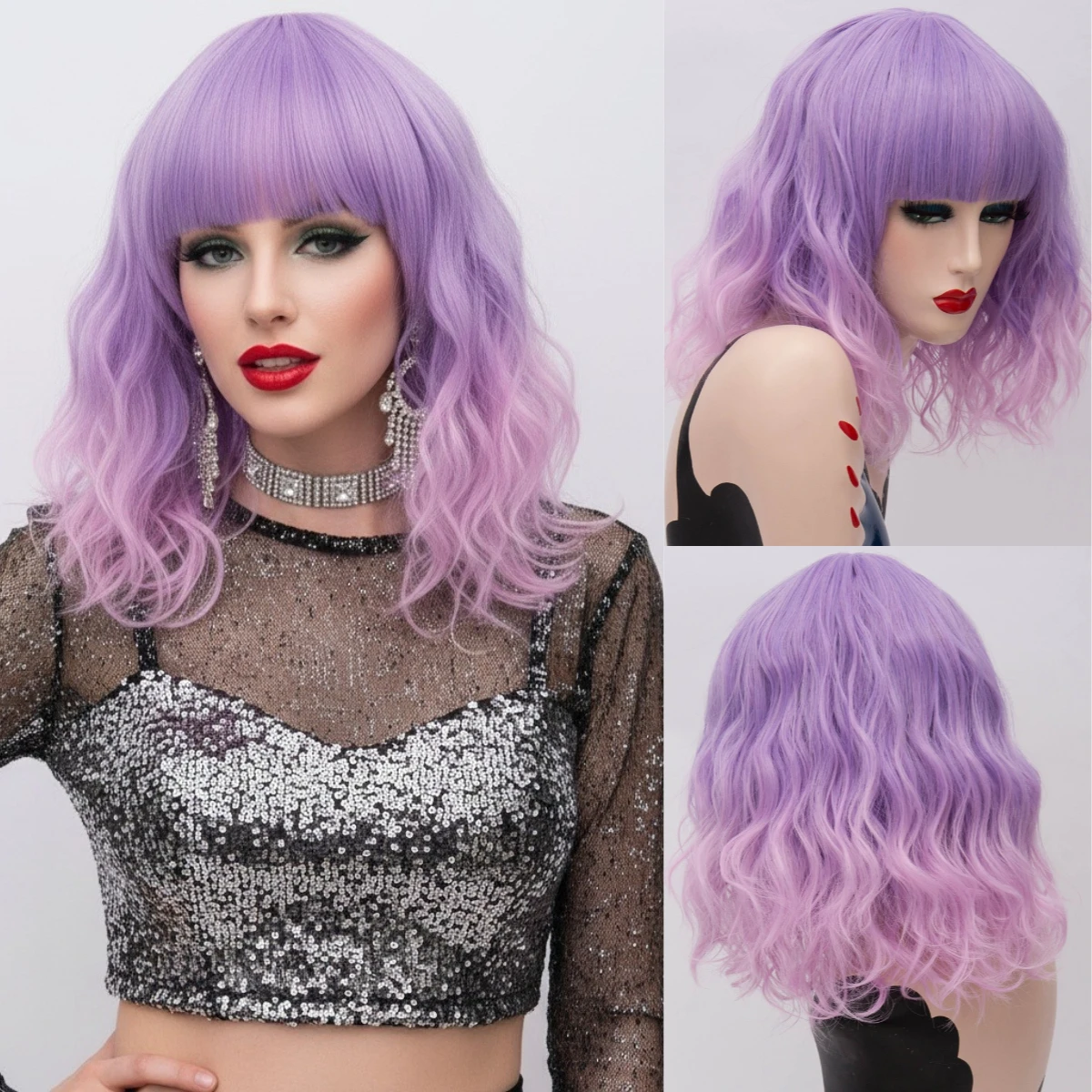 Purple Ombre Pink Wavy Bob Wig With Bangs For Women Shoulder Length Synthetic Wig Heat Resistant For Halloween Cosplay Party