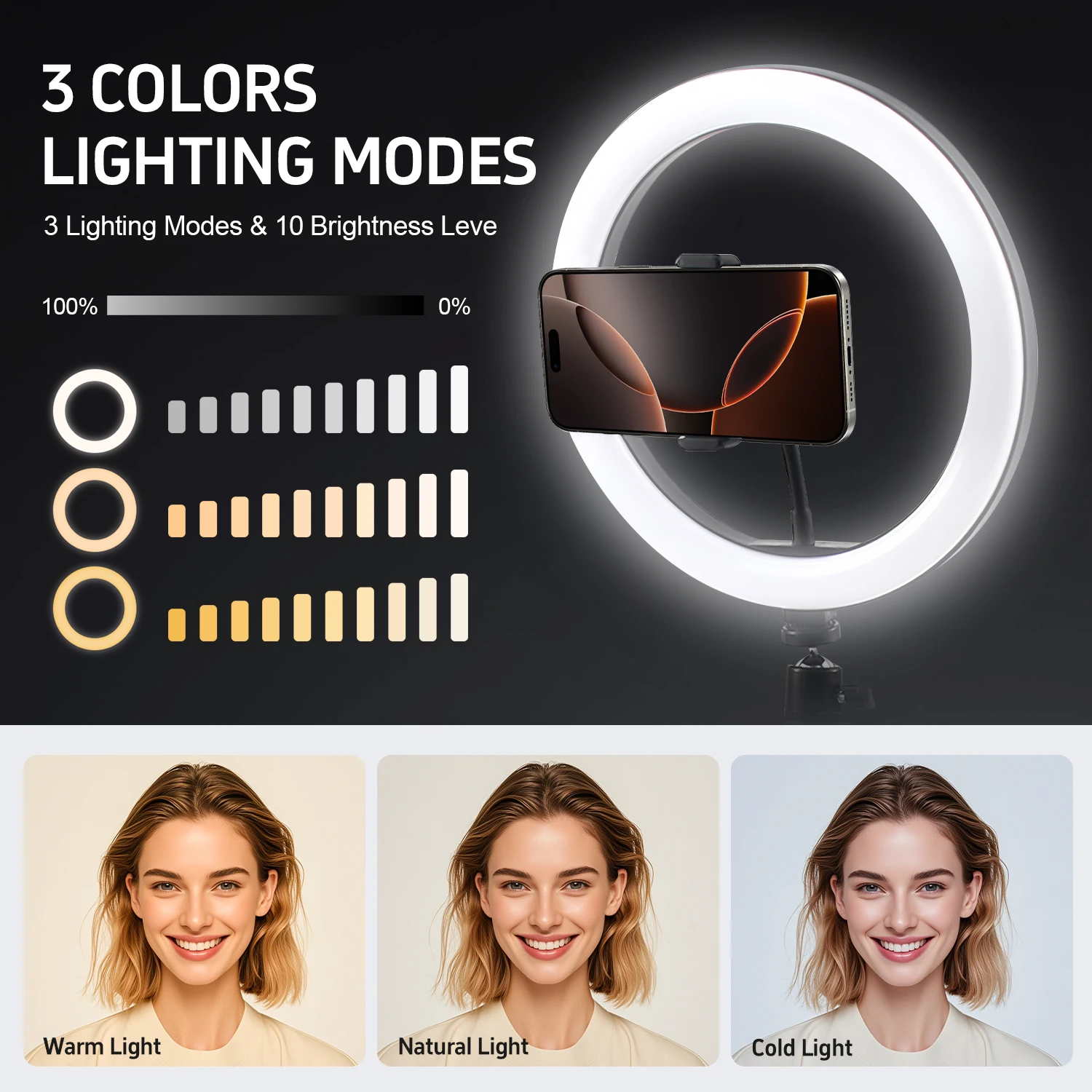 12" Selfie Ring Light with 7.5" Desktop Tripod Stand & 1 Phone Holder, LED Ringlight with 3 Dimmable Modes for Makeup view 4