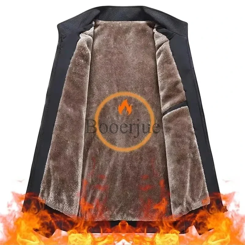 Men Winter Fleece Lined Jacket Stand Collar Windproof Business Coat Thermal Thickened Loose Fit Casual Outerwear Plus Size M-8XL