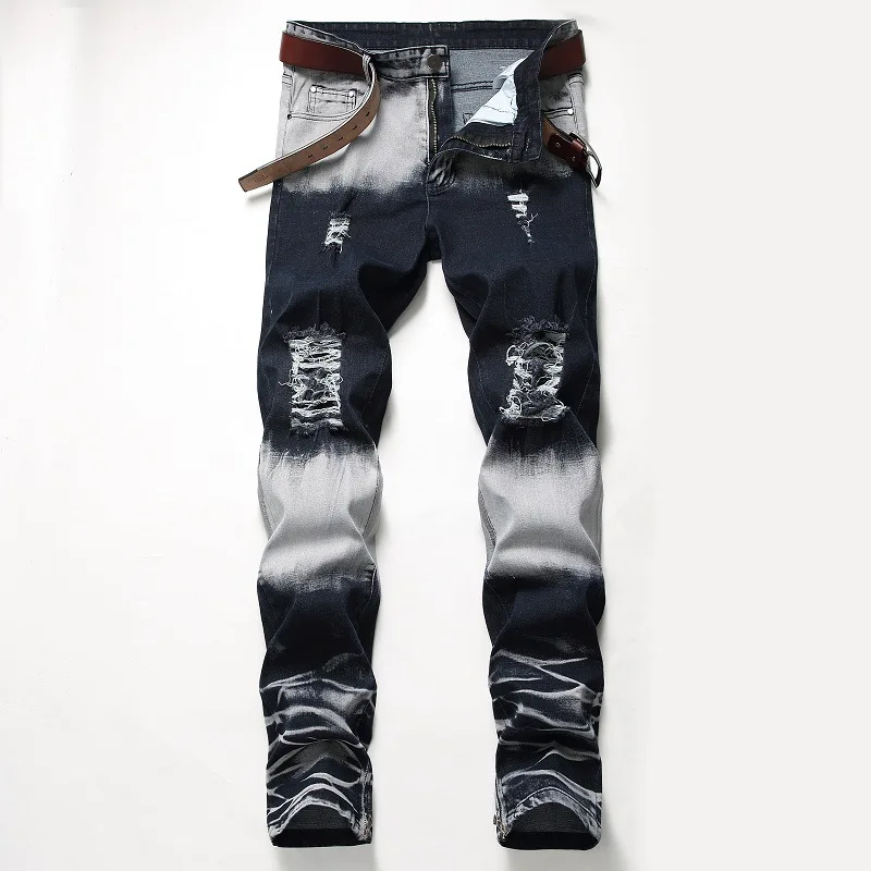 European and American New Men's Stretch Jeans with Ripped and Whitened Parts and Segmented Coating, Full of Individuality.