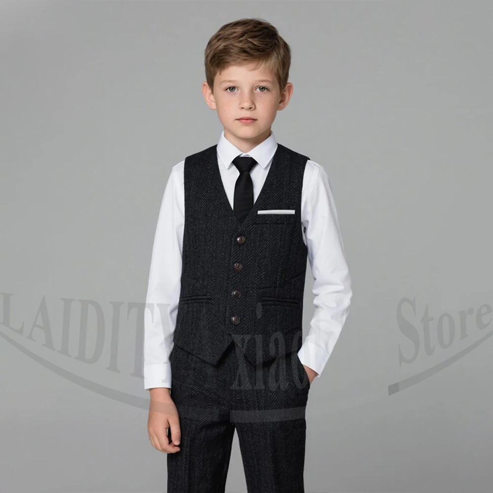 Boys Grey Herringbone Suit Tweed 3 Piece Vintage Style Wedding Party Pageant Special Occasion Fashion Kids Gentleman Outfit