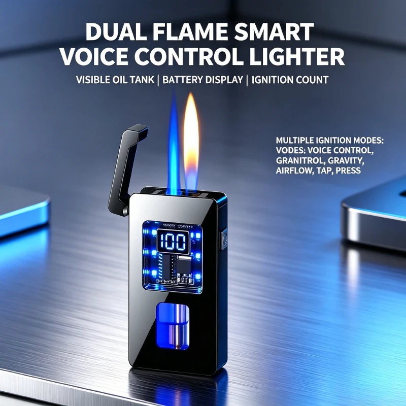 New Creative Men Gift Metal Windproof Torch Lighter, Dual Flame Mode Refillable Butane Lighter for Outdoor Smoking