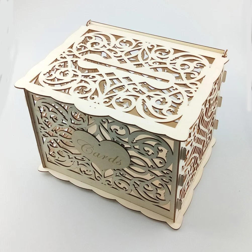Wooden Cards Case Hollow-out Letter Box Rustic Check-in Box Storage Container for Banquet Home Party Pattern 4
