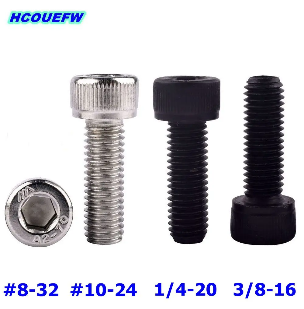 HCOUEFW 5pcs UNC #8-32 10-24 1/4-20 3/8-16 Coarse Thread Black Grade 12.9 Carbon Steel 304 Stainless Allen Bolt Hex Socket Screw