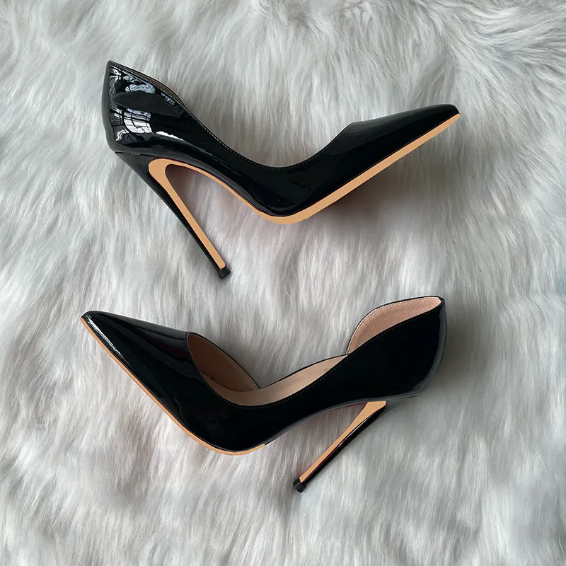 2023 New Designer D\'orsay High Thin Heel Black Patent Open One Side Women Lady 120mm Shoes Pump On Sale Plus Size 44 45 46 33