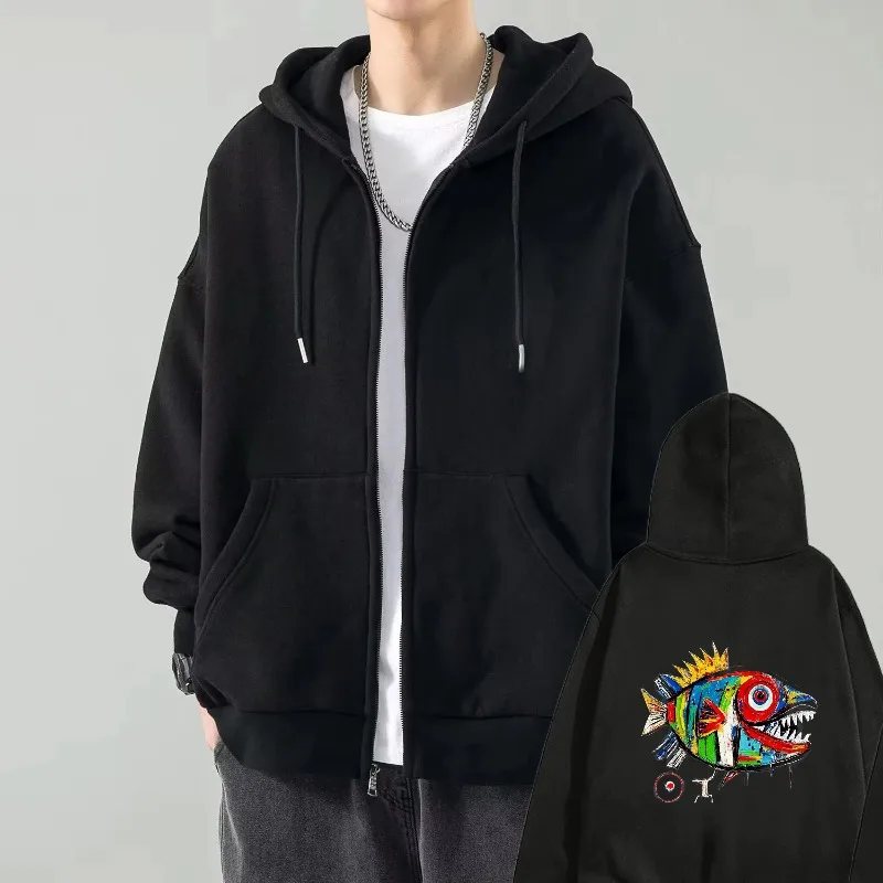 

Men's Hooded Jacket Black Colorful Fish Printed Pattern Casual Streetwear Outdoor Wear