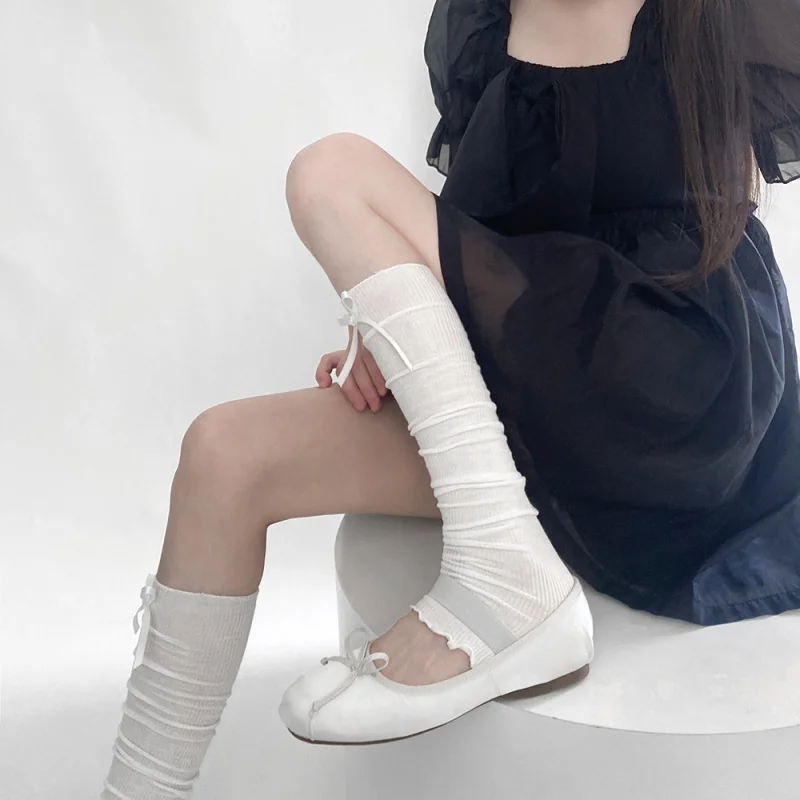 

Новые носки без ног в японском стиле в балетном стиле с рюшами и бантом, носки до середины икры, универсальные носки до середины икры в стиле Лолиты