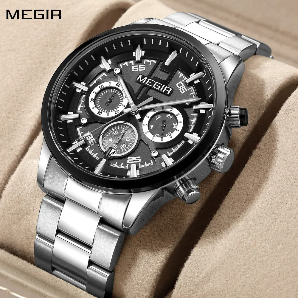 

MEGIR Mens Business Fashion Watches Calendar Stainless Steel Quartz Wrist Watch Clock Casual Chronograph Relogio Masculino