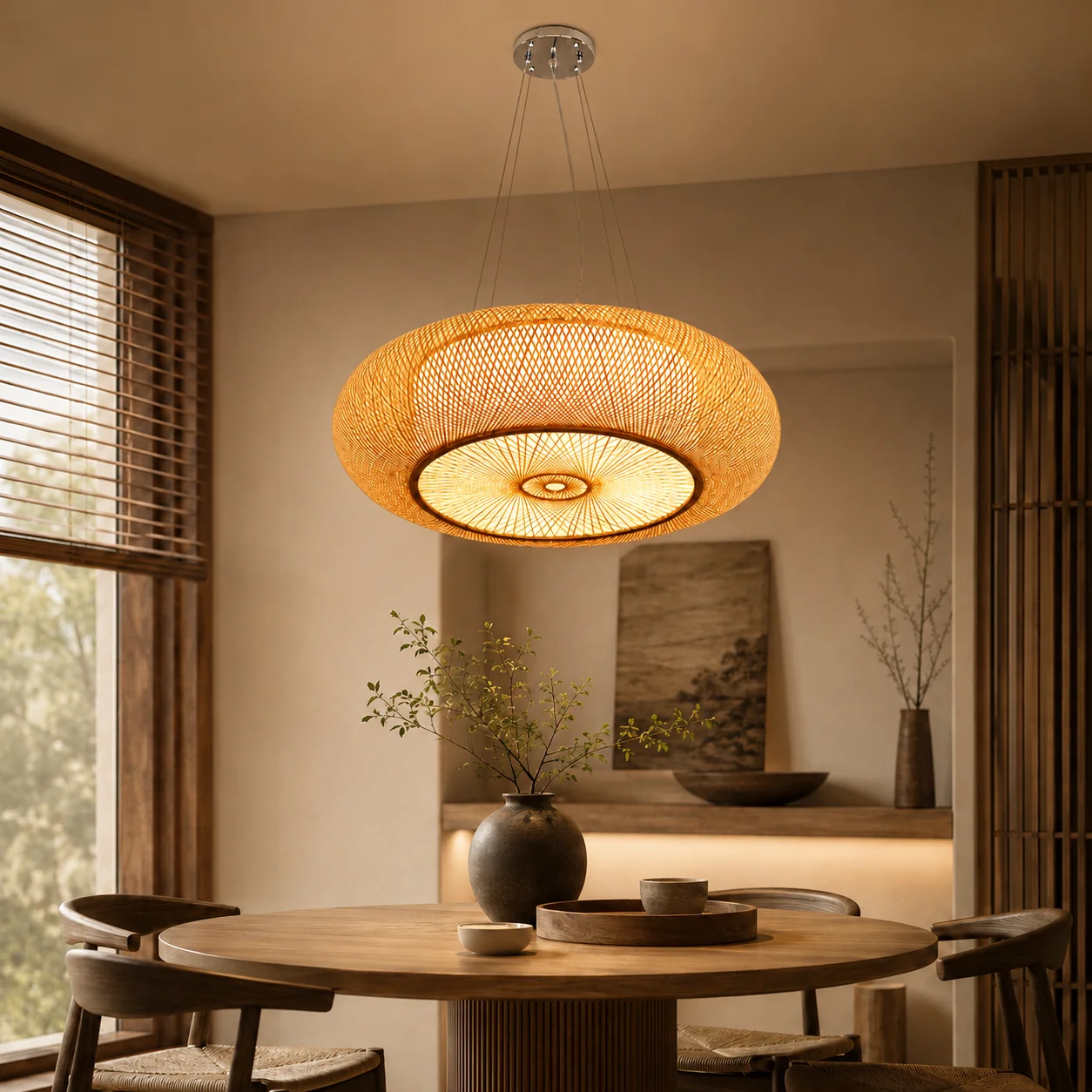 Handwoven Rattan Pendant Light, Sculptural Bamboo Hanging Lamp for Dining Room, Tea Room, Bedroom and Living Area