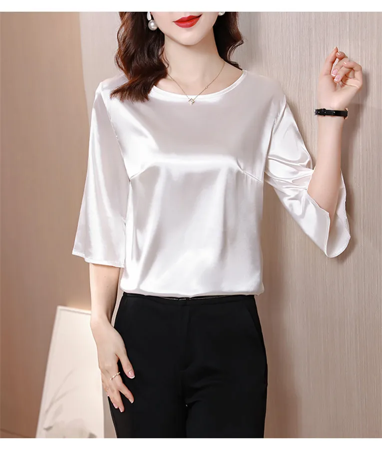 2026 Spring and Autumn New All-match O-neck Three-quarter Flared Sleeve Acetate Satin Blouse tops Basic Simple Ice Silk Shirts