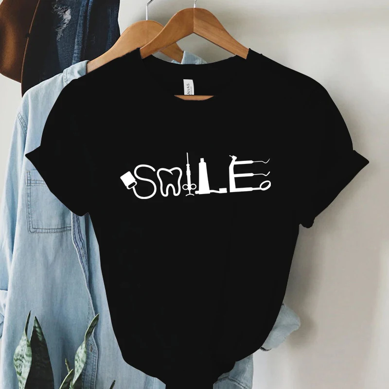 Lady’s Sunny Shirts Graphic Smile Teeth Dental Tools Short Sleeves Shirts Casual Funny Teeth Lovers Special Summer Tshirt Female