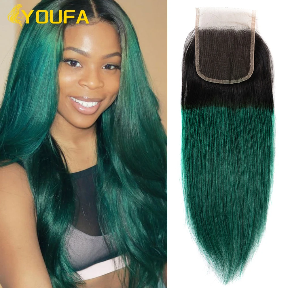 

Кружевные заколки-заготовки для волос Ombre Turquoise 4x4 для чернокожих женщин, 100% прямые натуральные волосы, двухцветные Ombre 1B, зеленый цвет, кружевные заколки-заготовки.