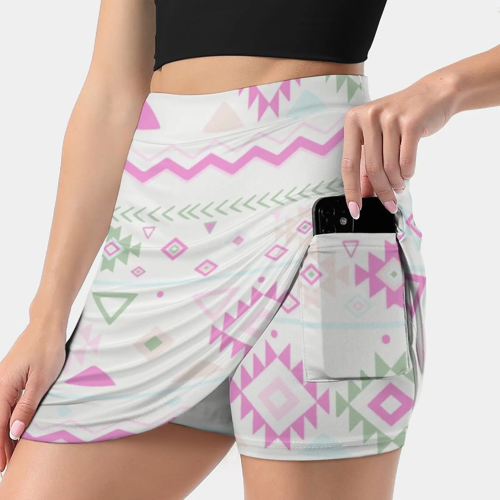 Blush Pink Green Geometrical Aztec Tribal Women's skirt With Hide Pocket Tennis Skirt Golf Skirts Badminton Skirts Running