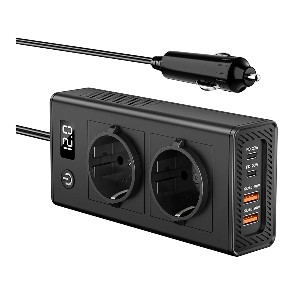 DC12V to AC220V 200W Portable Car Inverter with Digital Display Showing Voltage and Load plus USB Charging Ports