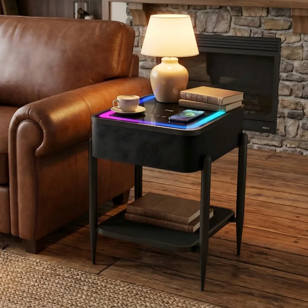 LED Smart Nightstand with Bluetooth Speaker & Wireless Charging, Modern End Table with RGB Lights, Tempered Glass Touch Panel, U