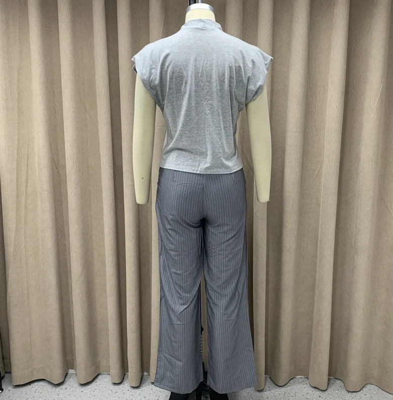 Summer Two-piece Women's Casual V-neck Sleeveless Blouse Top and Elegant Commuting High Waisted Ruched Straight Leg Pants Set