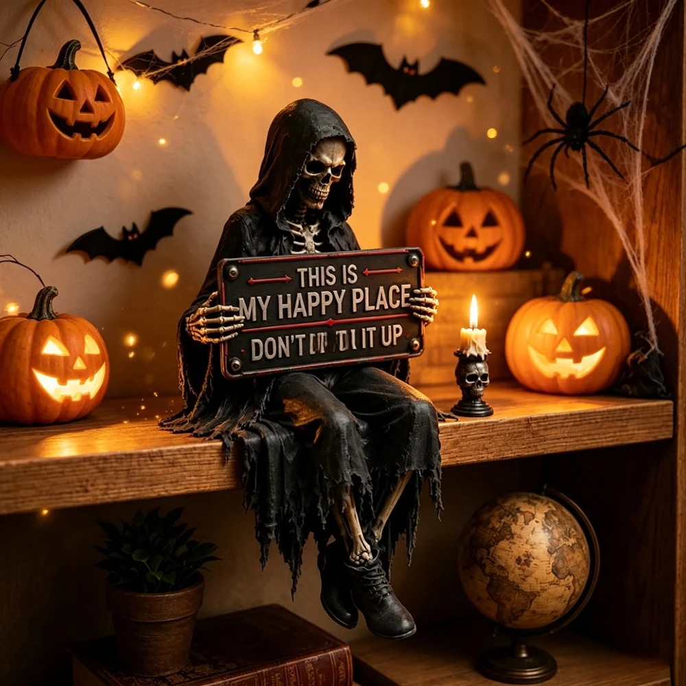 Funny Grim Reaper Skeleton Shelf Sitter Statue, Gothic Horror Resin Ornament, Halloween Home Tabletop Decor Festival Small Gift
