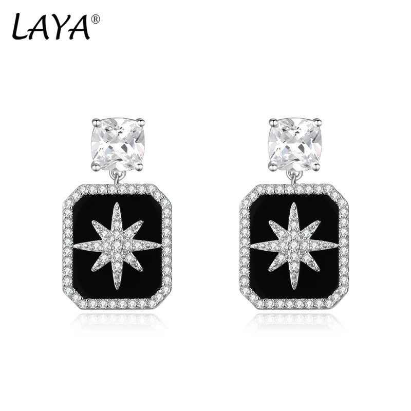 LAYA 925 Sterling Silver Sparkling Zircon Minimalist Stud Earrings For Women Black Agate Piercing Ear Handmade Original Jewelry