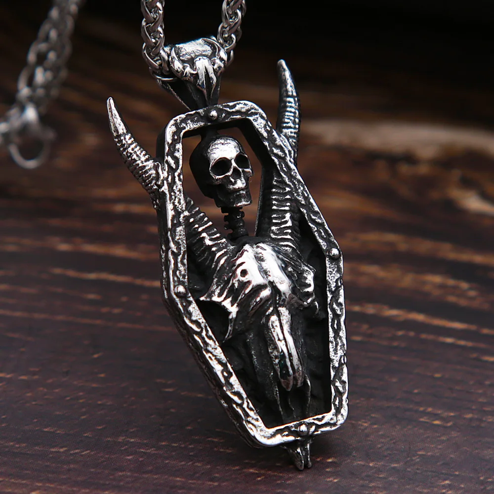 Gothic Lucifer Goat Head Skull Pendant Necklaces Men Black Retro Stainless Steel Satanic Sheep Head Necklace Motorcycle Jewelry