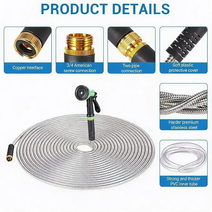 Heavy Duty Stainless Steel Garden Hose , Flexible Kink-Free Metal Water Hose with 10-Function Spray Nozzle and Solid Brass Leak-Proof US Standard for Garden, Lawn