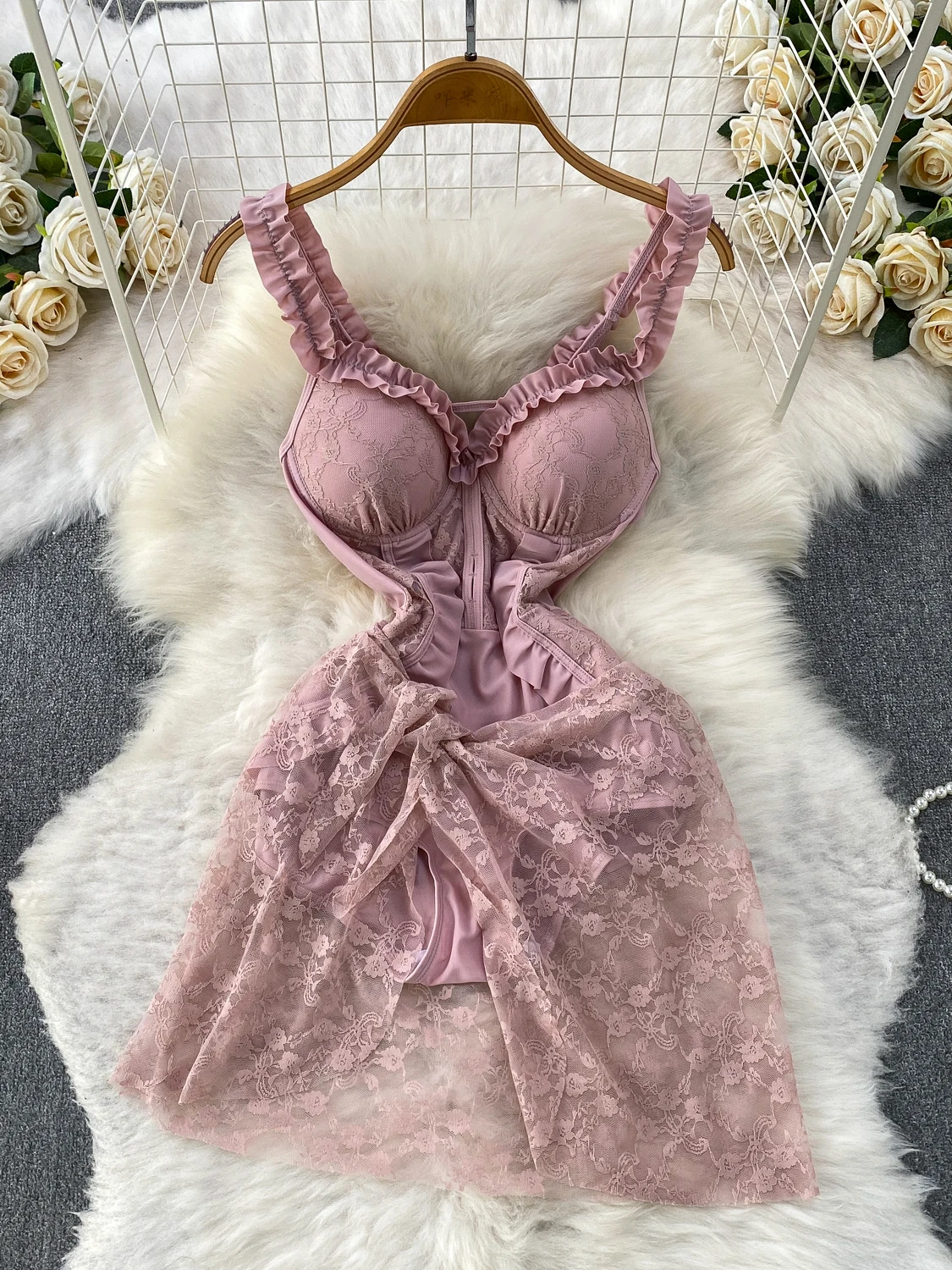 

Elegant Sexy V-neck Lace Trim Belted Halterone Piece Swimsuit Women's Design Fairy Tale Short Pants High Waist Straight Leg