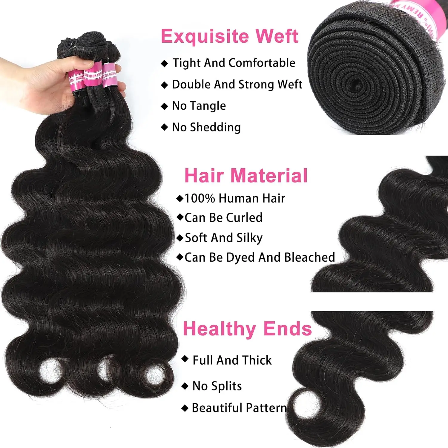 Human Hair Bundles 16 18 20 นิ้ว Body Wave มนุษย์ผม 100% ที่ยังไม่ได้บราซิล Virgin Hair