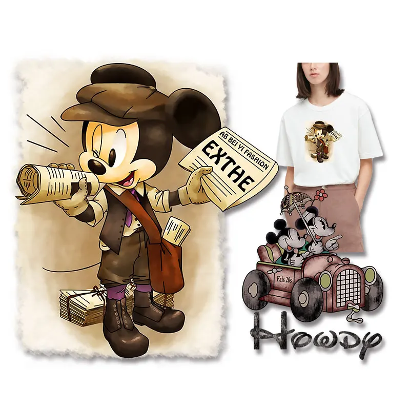 Mickey and Minnie in a classic car Mickey plays the postman applique for cloth Heat Transfer PVC Patch DIY decoration