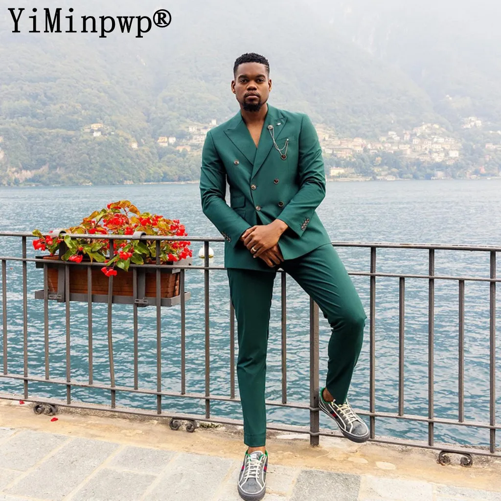 

New Green Suits for Men 2 Pieces Prom Party Mens Clothes Double Breasted Side Vent Blazer Sets Costume Homme Jacket+Pants