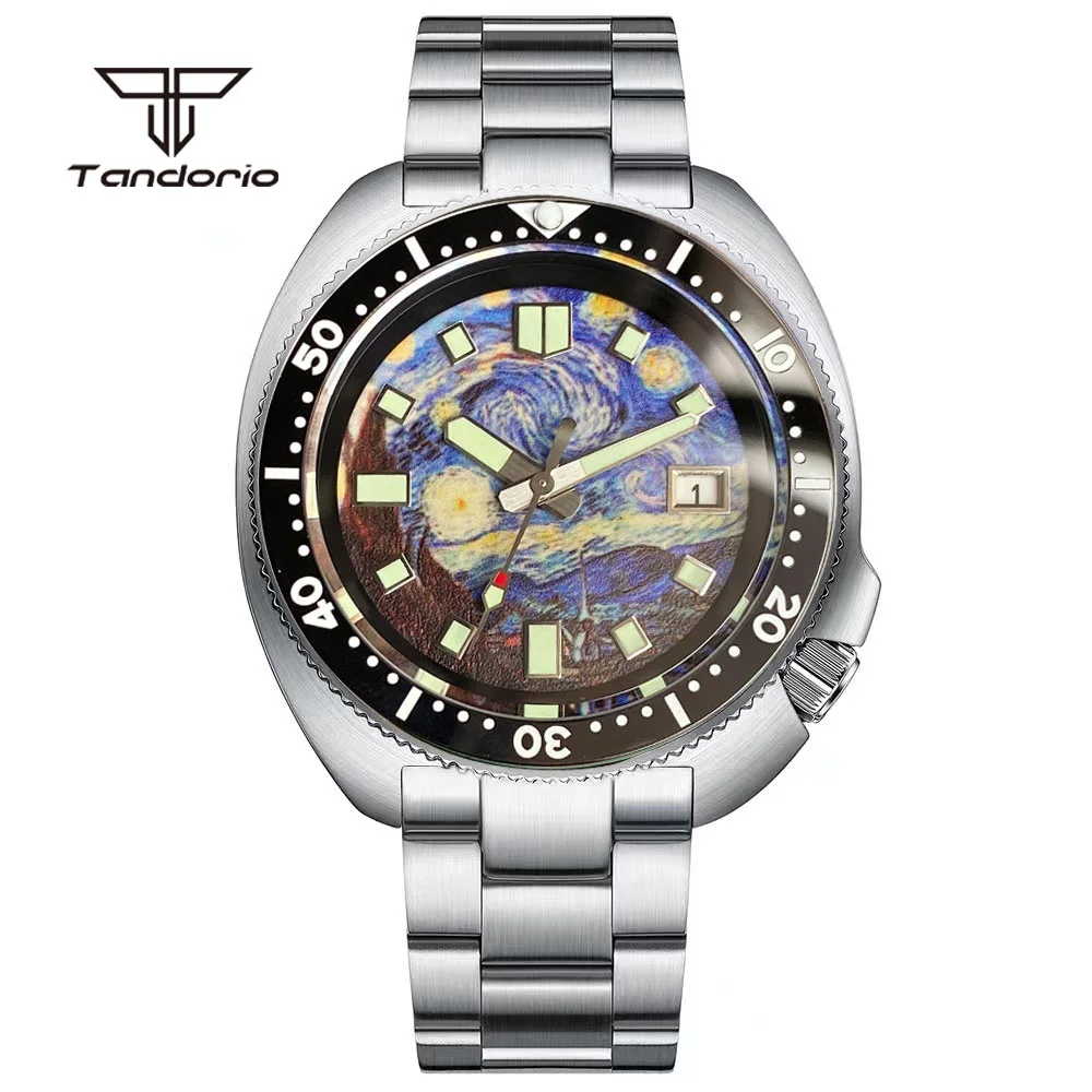 

Tandorio Stainless Steel 44mm Dive NH35 Fashion Full Luminous Automatic Men Watch 20BAR Starry Sky Dial Sapphire Date 120 Clicks