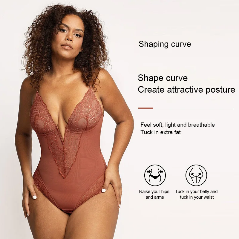 Women's tummy control bodysuit, plus size, butt-lifting, breathable, lace shapewear Sexy one-piece outfit