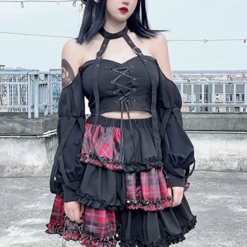

Summer Women Skirt 2025 Faldas Mujer De Moda Streetwear Punk Saia Japanese Chic Jupe Patchwork Plaid Ruffles A-line Y2k Skirts