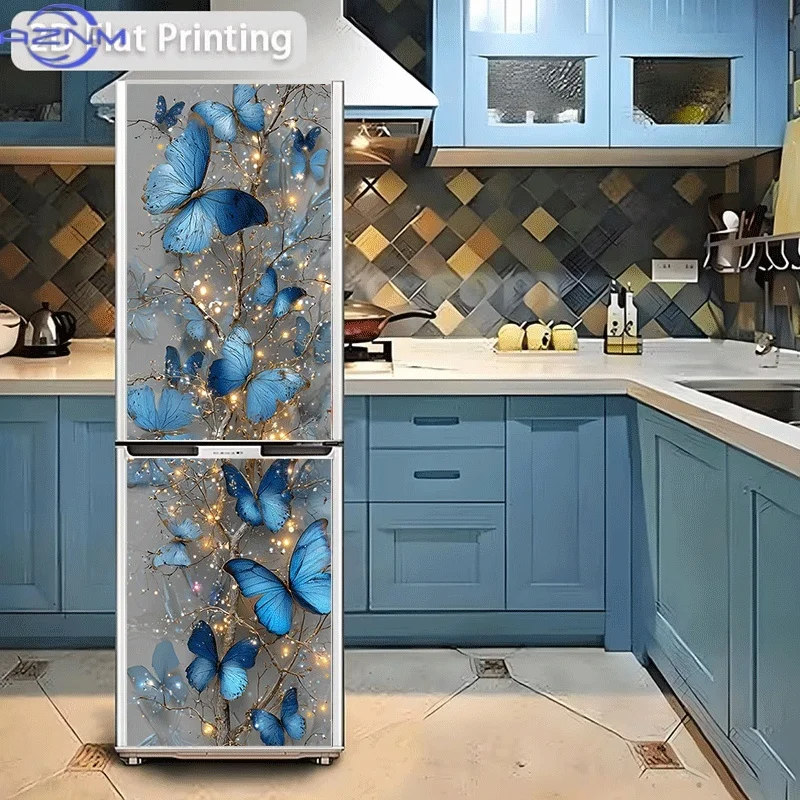 Printing Refrigerator Sticker , Butterfly Dance on Starry Branch, Blue Butterfly on Golden-Trimmed Branch, Iridescent Light Wr