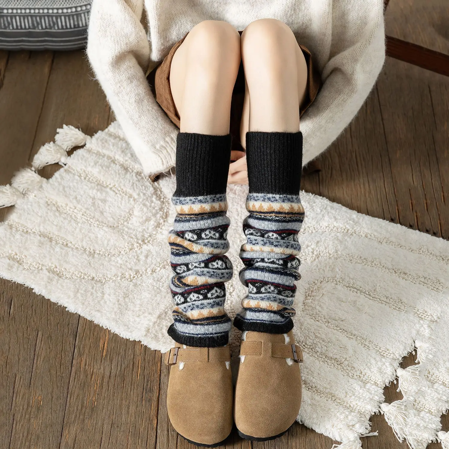 Bohemian Heart Pattern Knitted Leg Warmers Over The Knee Boot Cuffs Yoga Dance Ballet Socks, Winter Warm Knitwear Gifts Women​