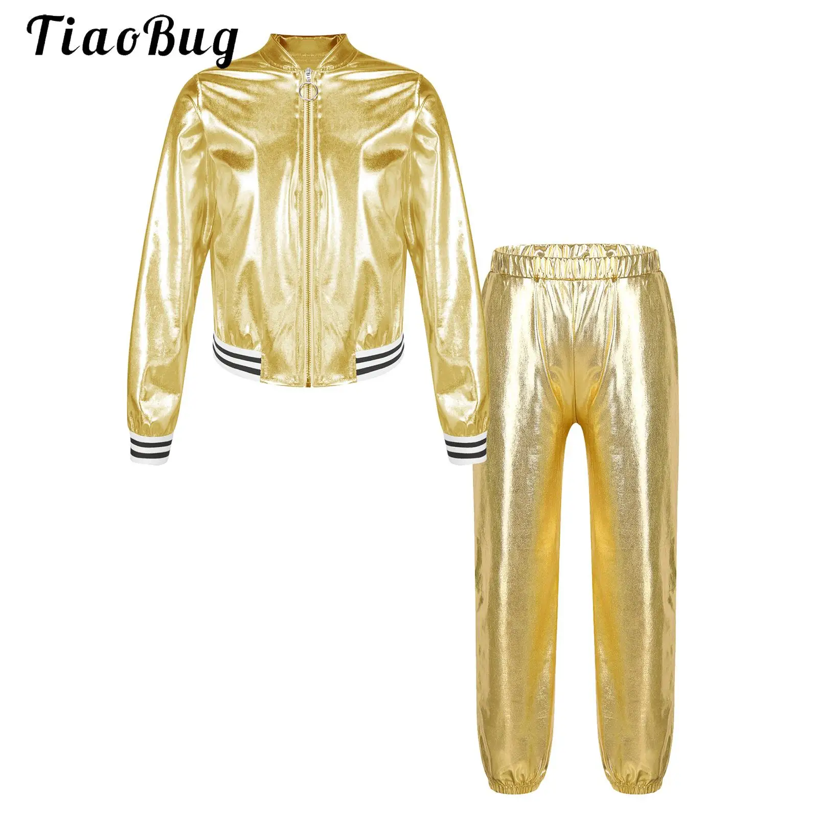 

Kids Girls 2 Piece Shiny Metallic Dance Performance Costume Jazz Hip Hop Street Dance Outfit Dancewear Workout Tracksuit