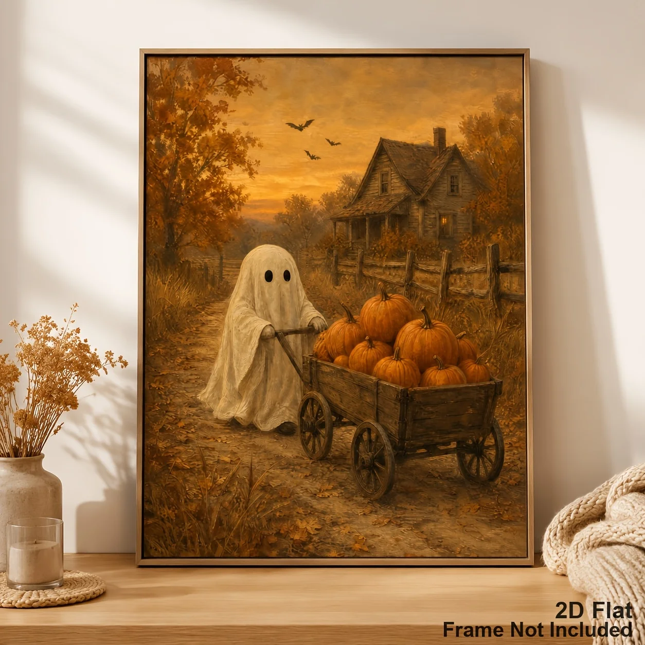 (No frame)2D Flat/Posters And Prints/Unframed 2D Canvas Art Print/Retro Fall Ghost with Pumpkin Wagon Wall Poster/Old Farmhou