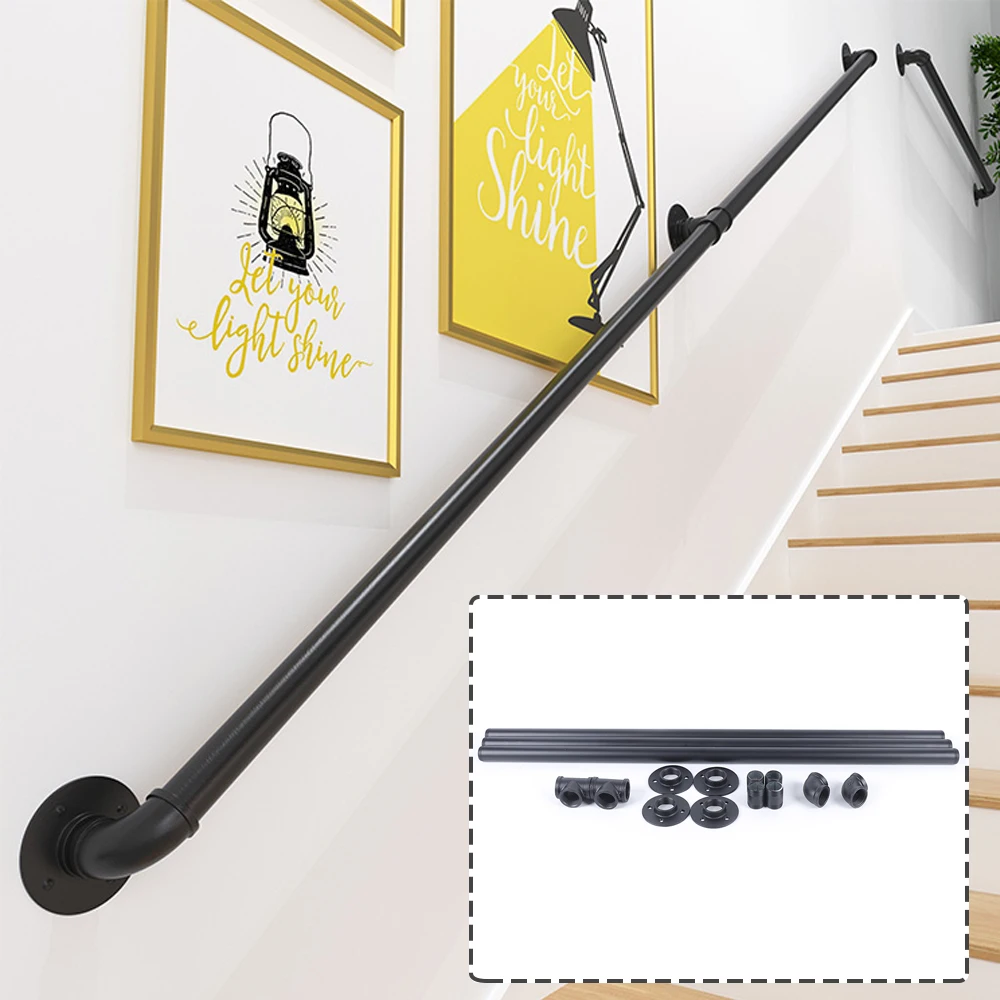 10FT Black Staircase Handrail, Straight Style Wall Support Industrial Iron Pipe Handrail Banister Rail for villas, Lofts, Bars