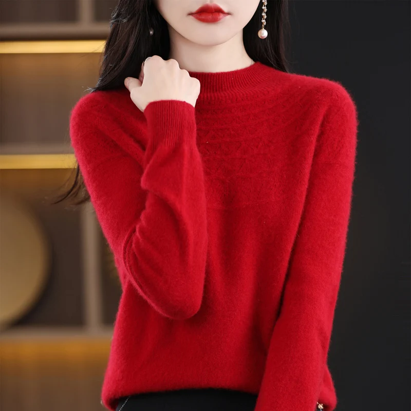 Spring And Summer New Pure Wool Thin Sweater Round Neck Hollow Ladies Long Sleeve Loose Commuter Joker Pullover