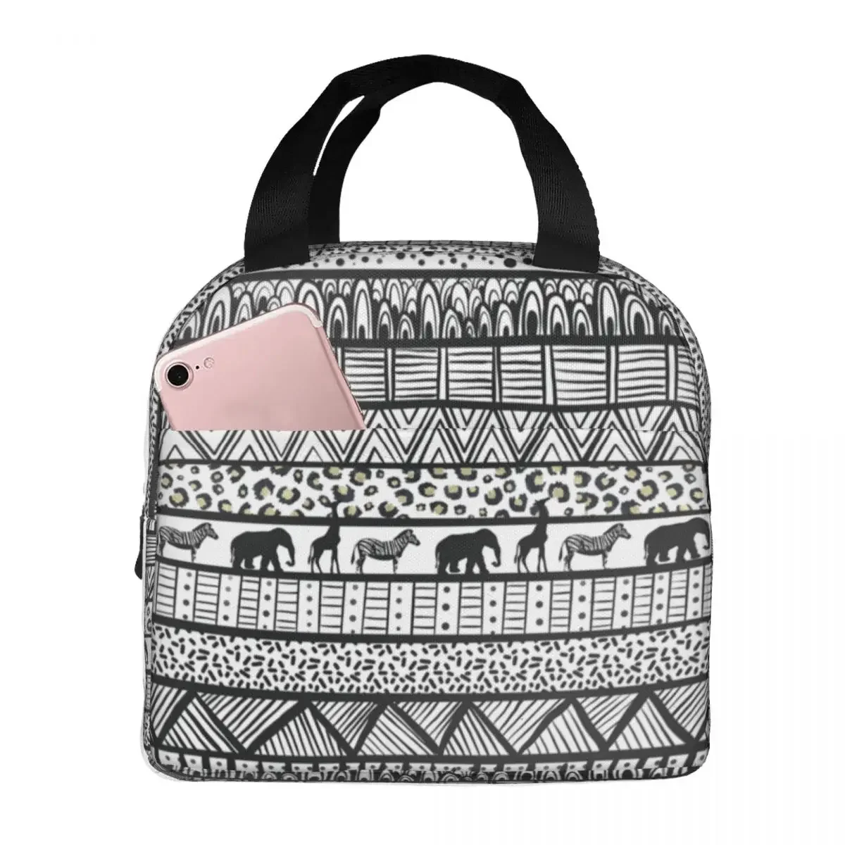 Lunch Bags for Women Kids Black White Tribal African Insulated Cooler Waterproof Picnic Oxford Lunch Box Bento Pouch