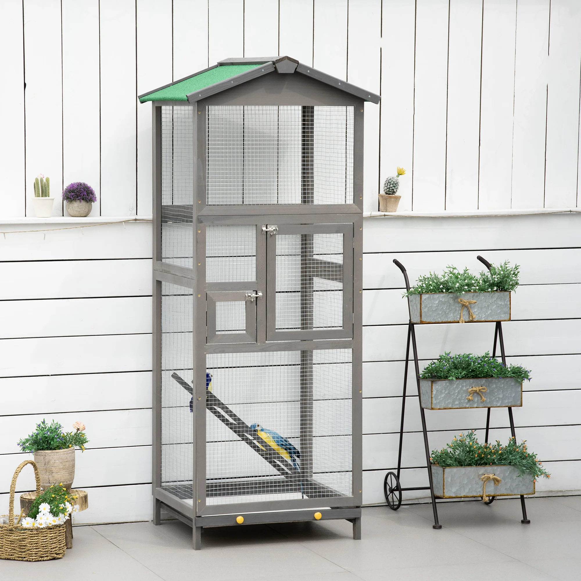 PawHut wooden bird cage with removable asphalt roof tray