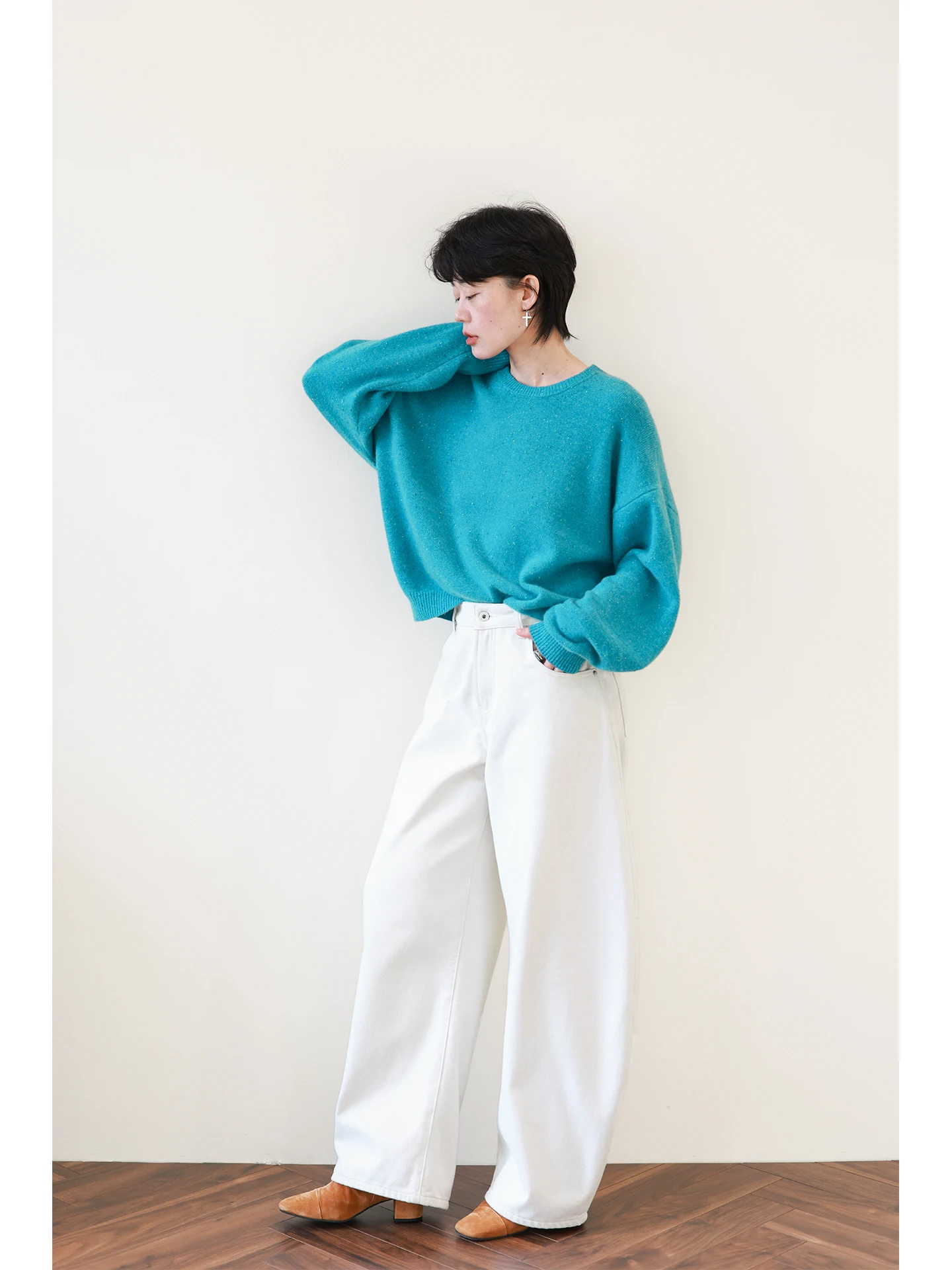 00% Camere High Gauge Soft Comfortable Women's Sweater Vintage White Lake Blue Color Dot Lazy Knitted irt Spring Autumn ...