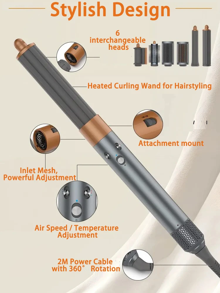 Professional 6IN1 1500W Multi-Functional Hair Styler - Dry, Straighten, Curl with Brush, Ideal for Salon & Home Use