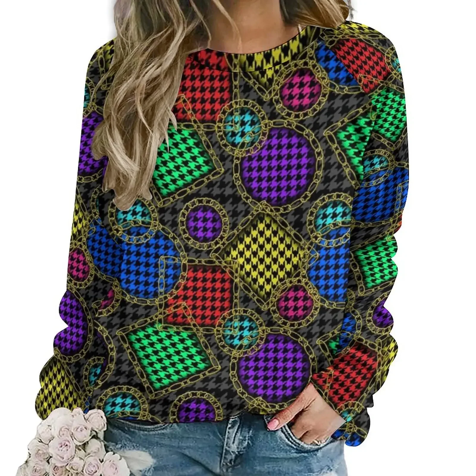 

Golden Chains Print Hoodies Women Colorful Houndstooth Street Fashion Casual Hoodie Winter Long Sleeve Trendy Custom Sweatshirts