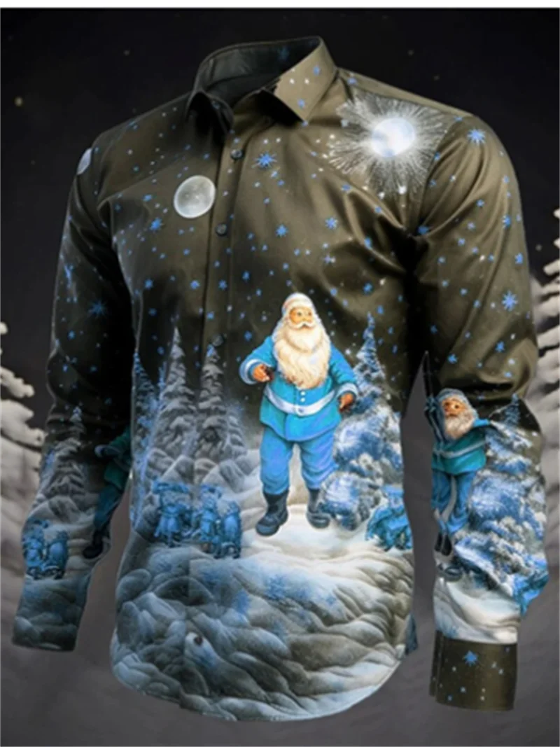 3D printed shirt Christmas Eve Christmas shirt men's autumn and winter casual long sleeved Santa Claus top