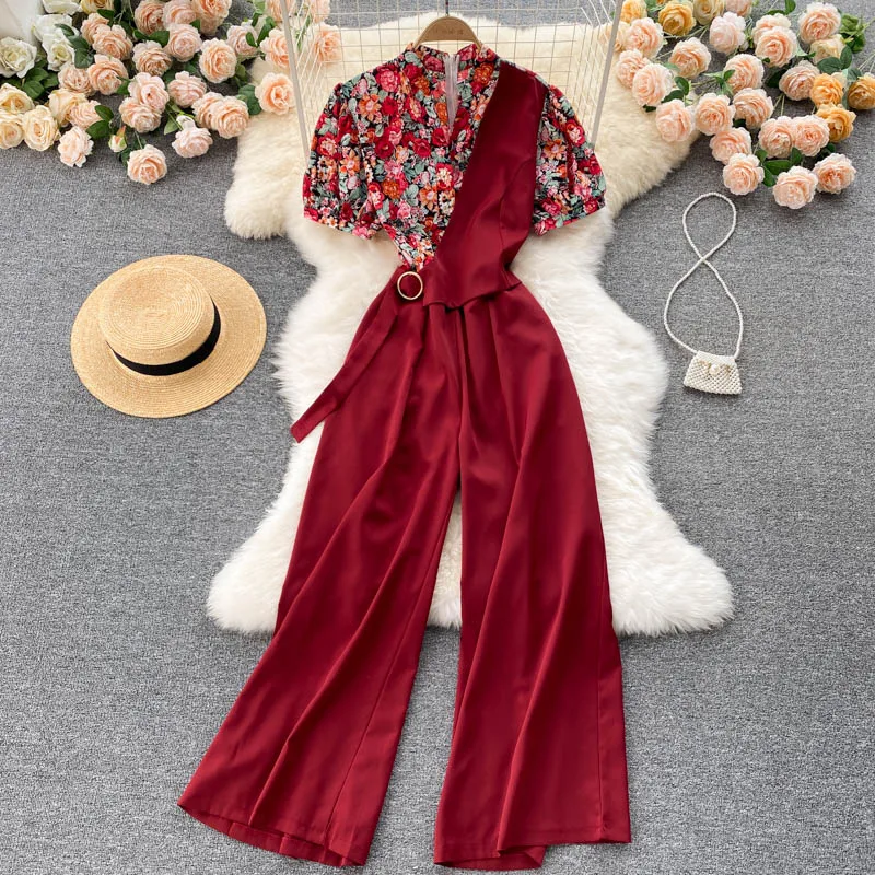 

Summer Vintage V-Neck Short Sleeve Printed Patchwork Romper Women Casual High Waist Wide Leg Fake 2Pcs Set Jumpsuits 2022 New