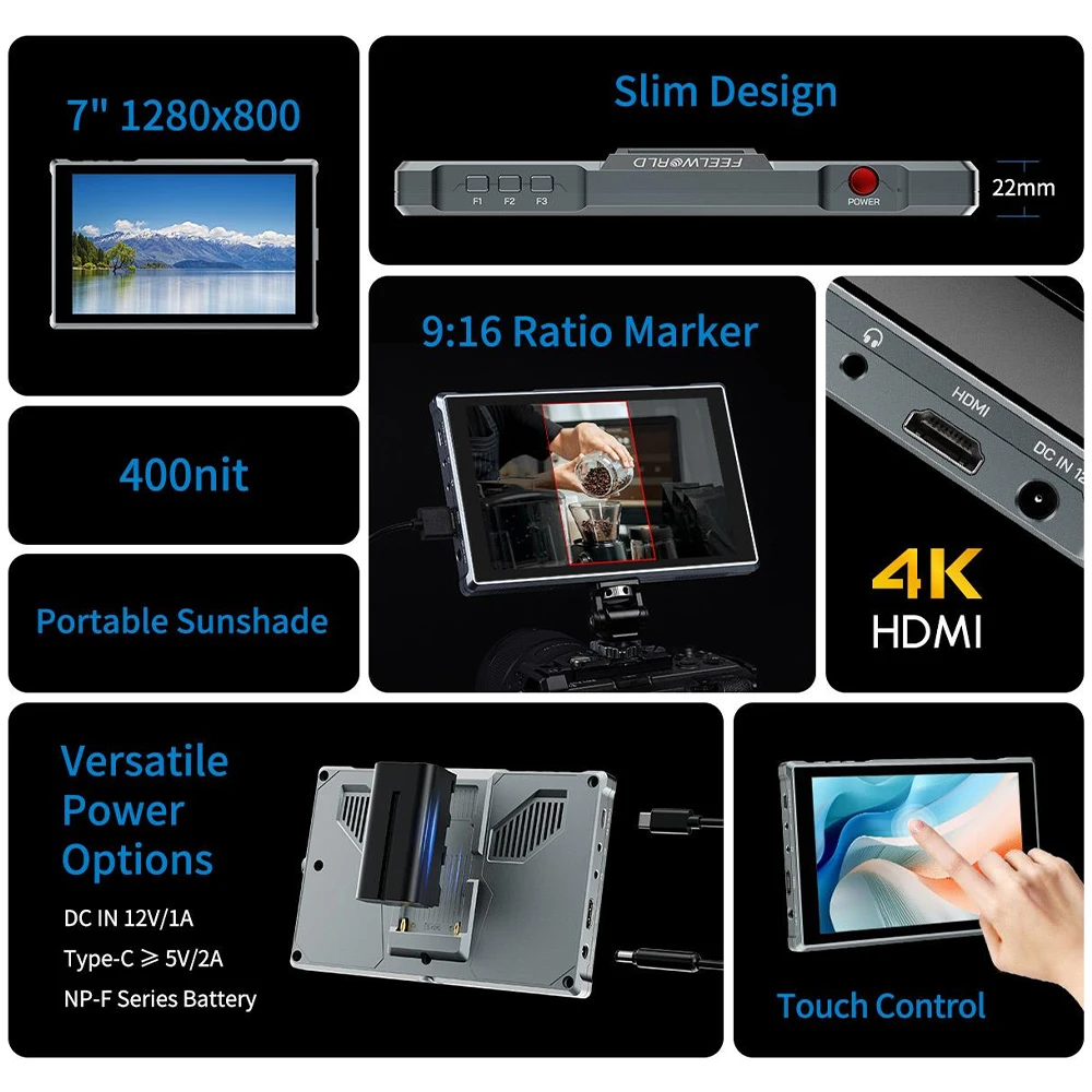 FEELWORLD FW759 PRO 7 Inch Touch Screen Camera Monitor 4K HDMI-compatible 1280x800 IPS Studio Field Monitors for Live Video