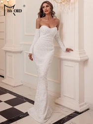 Missord White Wedding Party Dress Women Elegant Off the Shoulder Long Sleeves Sequin Bodycon Maxi Evening Prom Formal Dress Gown