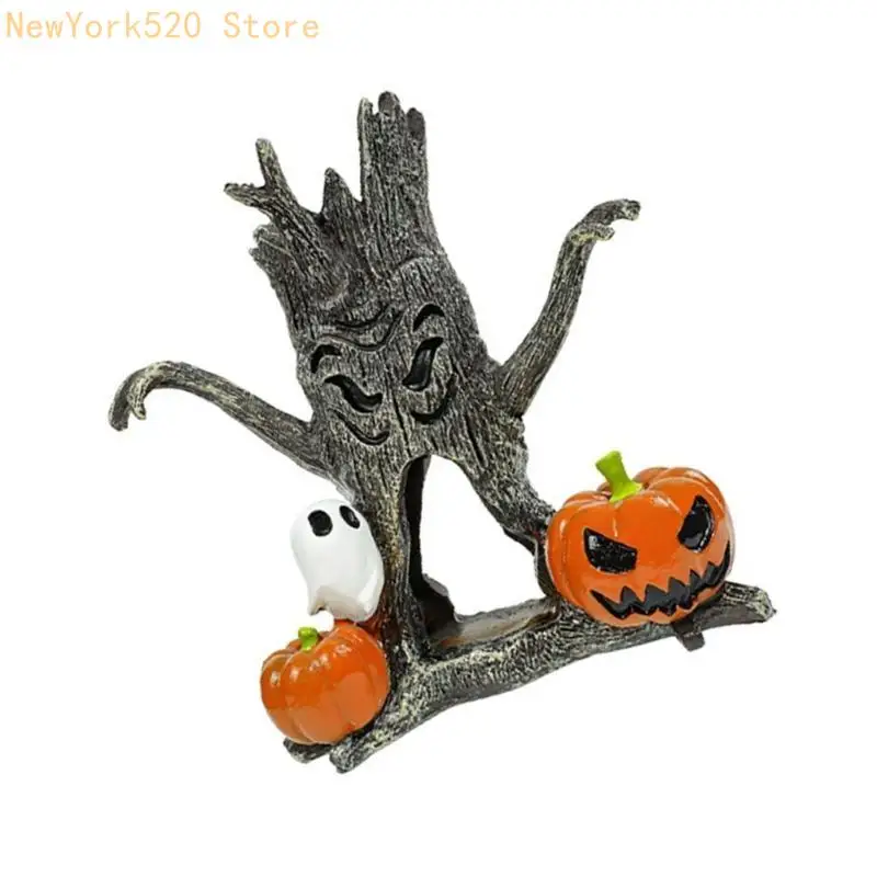 N84C Halloween Fish Tanks Dekorasi Stump Labu Rumah Resin Patung