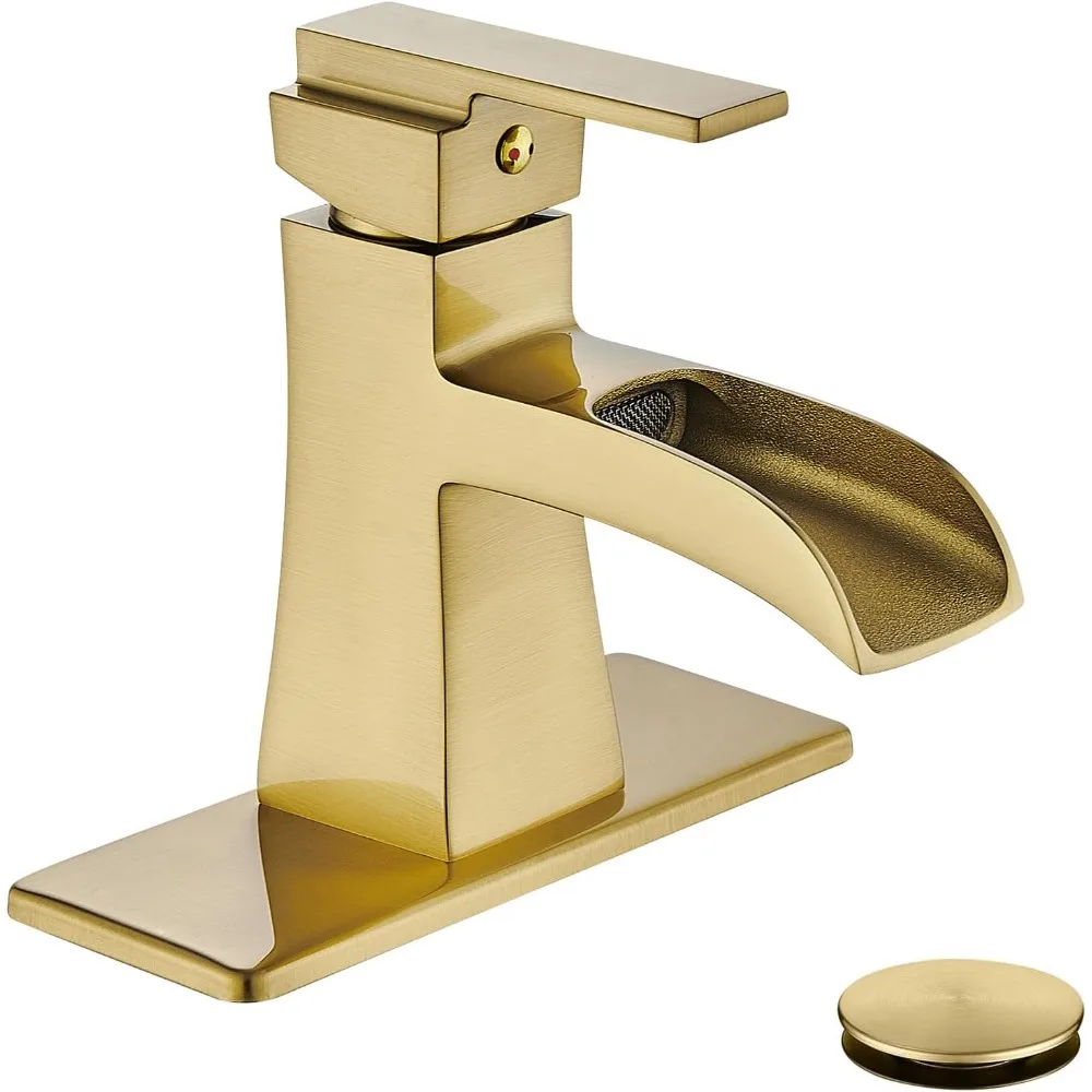 

Brushed Gold Single Hole Bathroom Faucet, Modern Waterfall Single Handle Vanity Faucet, Pop-Up Drain & 6" Deck Plate