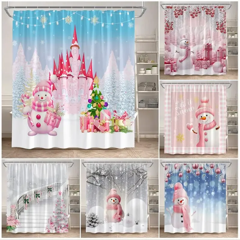 Cute Pink Snowman Christmas Shower Curtains Winter Forest Castle Xmas Trees Gift New Year Holiday Home Bathroom Decor with Hooks