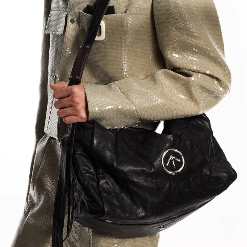 GROTTO Black Stone Bag Classic Vegetable-Tanned Lambskin Large Capacity Single Shoulder Crossbody Soft Bag Commuter Bag